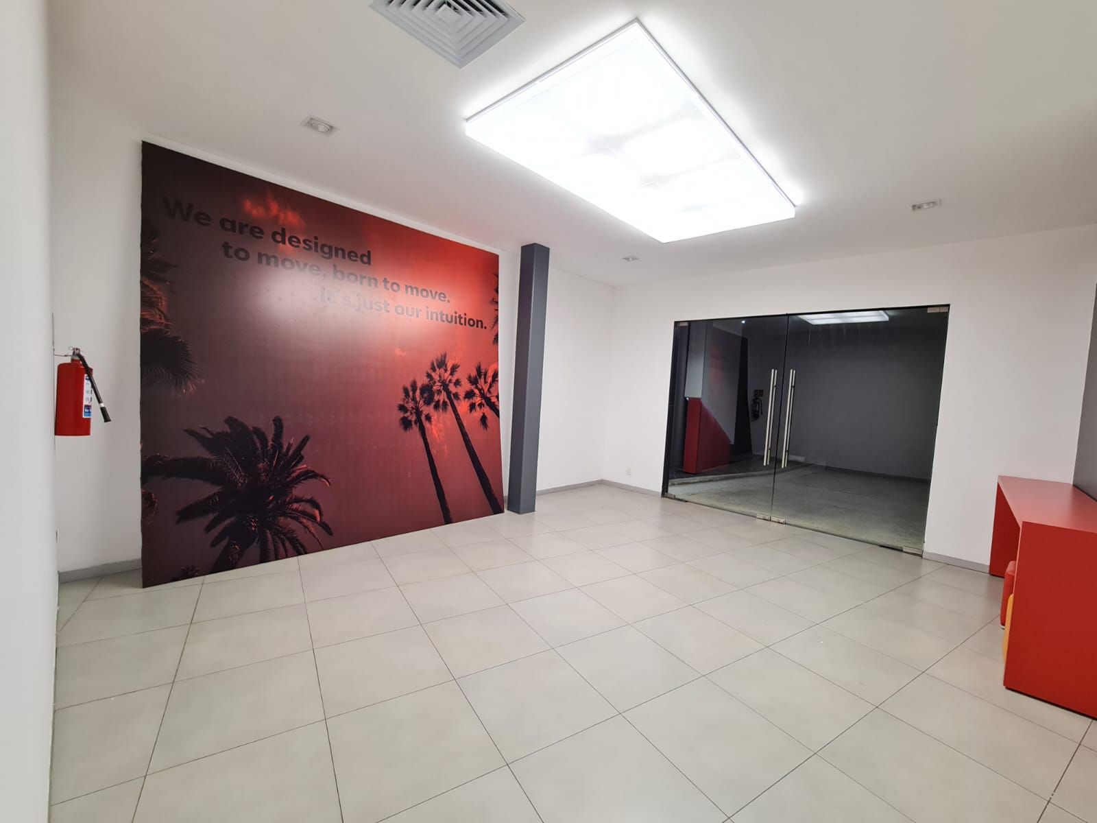 Vinil de branding con palmeras en muro de oficina